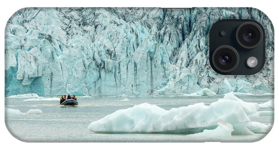 Iceland iPhone Case featuring the photograph Zodiac boat in Fjallsarlon glacier lagoon, Iceland by Delphimages Photo Creations