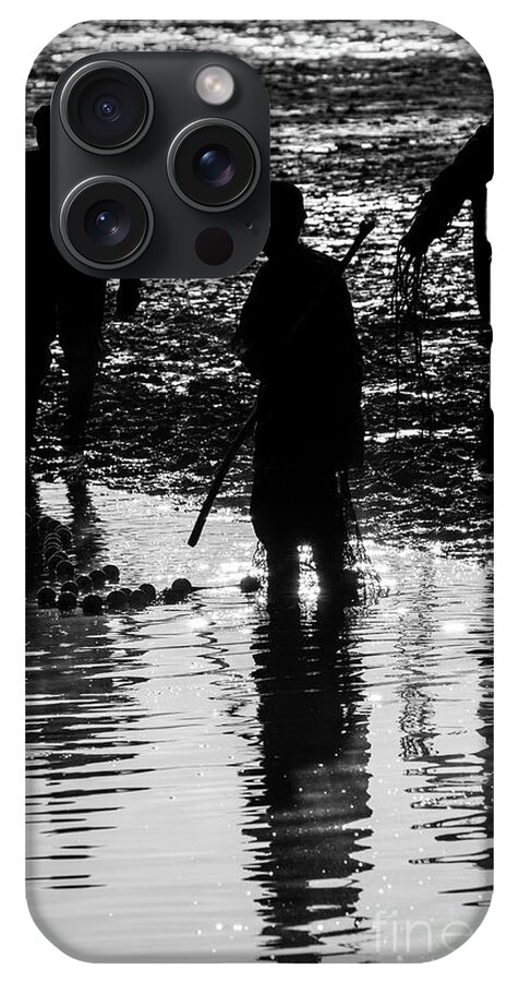 Fishermen silhouette fishing with net in french pond water iPhone