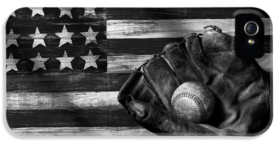 Folk Art American Flag iPhone 5 Case featuring the photograph Folk art American flag and baseball mitt black and white by Garry Gay