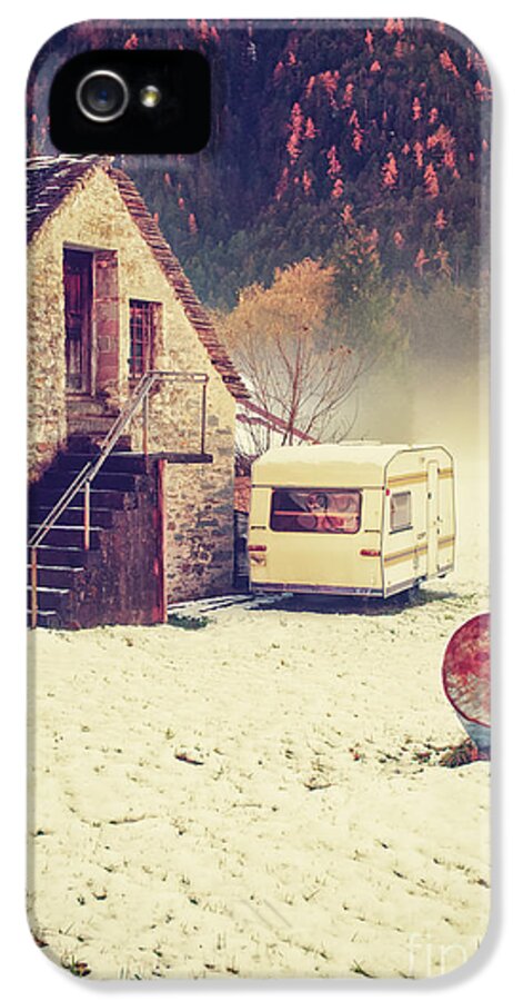 Bin iPhone 5 Case featuring the photograph Caravan in the snow with house and wood by Silvia Ganora
