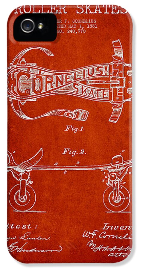 Roller Skates iPhone 5 Case featuring the digital art Cornelius Roller Skate Patent Drawing from 1881 - Red by Aged Pixel