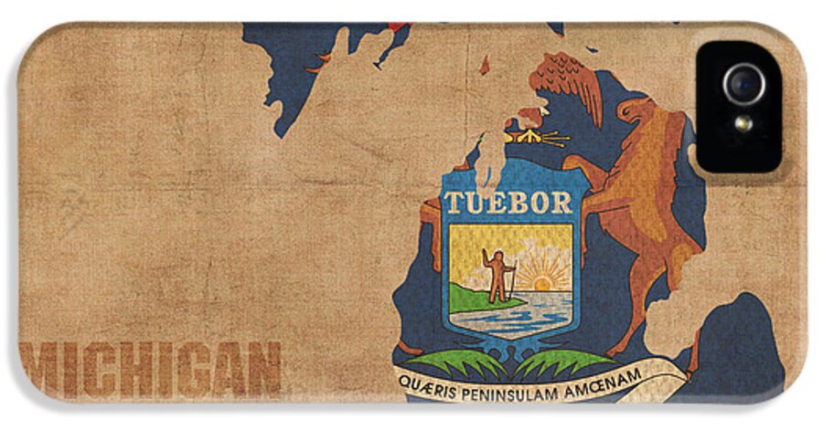Michigan iPhone 5 Case featuring the mixed media Michigan State Flag Map Outline With Founding Date on Worn Parchment Background by Design Turnpike