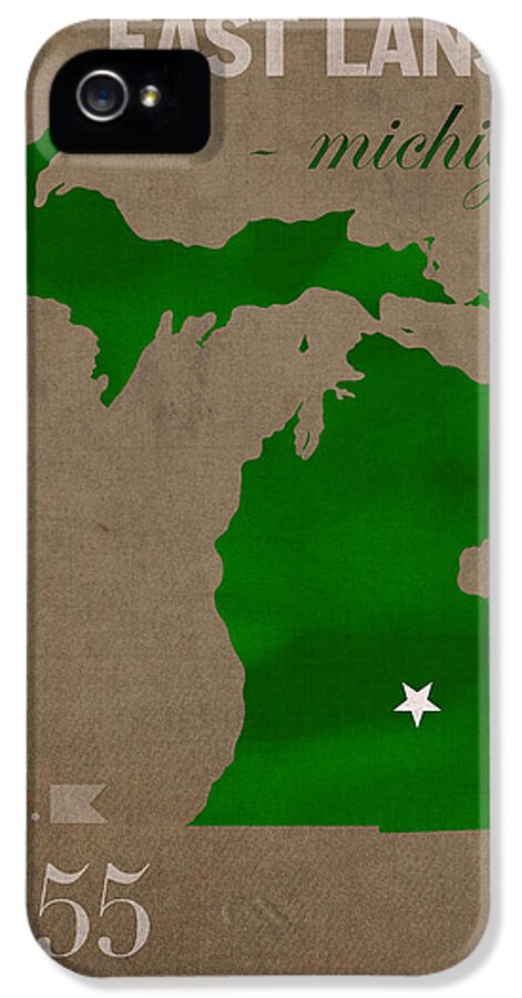Michigan State University iPhone 5 Case featuring the mixed media Michigan State University Spartans East Lansing College Town State Map Poster Series No 004 by Design Turnpike