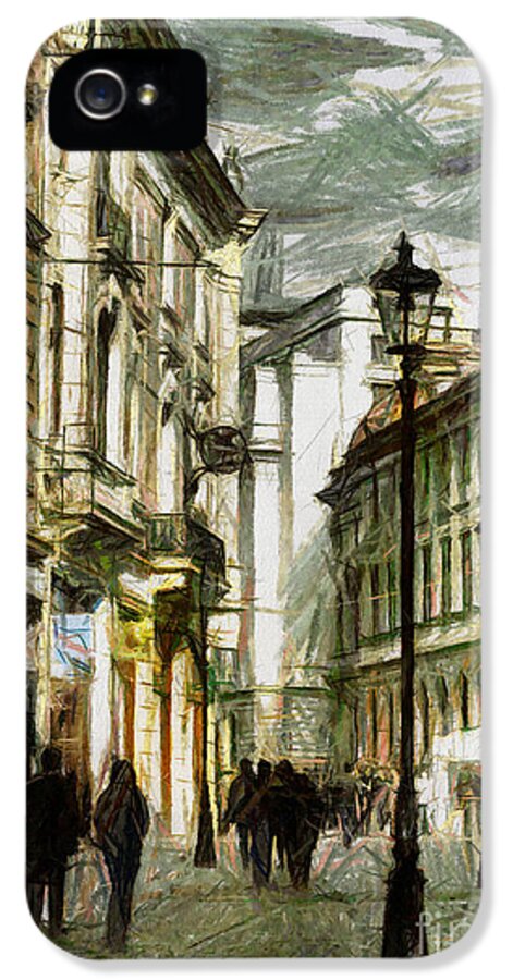 Bucharest iPhone 5 Case featuring the pastel Street life in Bucharest Romania - Painting by Daliana Pacuraru