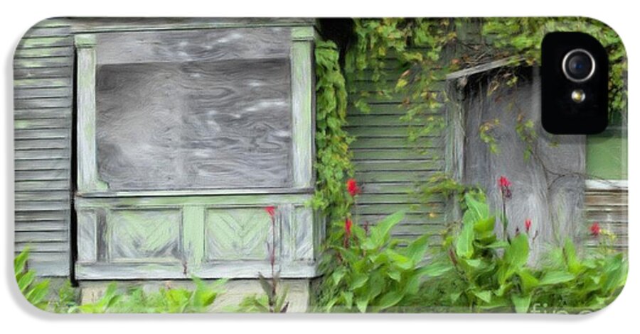 Canna; Flower; Red; Leaves; House; Country; Old; Rustic; Vintage; Spring; Summer; Garden; Painting; Oil; Oil Painting; Plants; Canna Plants; Green; Gray iPhone 5 Case featuring the painting The Canna Farm by Anne Kitzman
