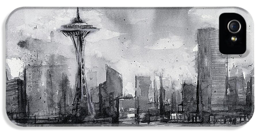Seattle iPhone 5 Case featuring the painting Seattle Skyline Painting Watercolor by Olga Shvartsur