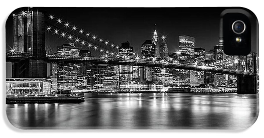 New York iPhone 5 Case featuring the photograph Night Skyline MANHATTAN Brooklyn Bridge bw by Melanie Viola