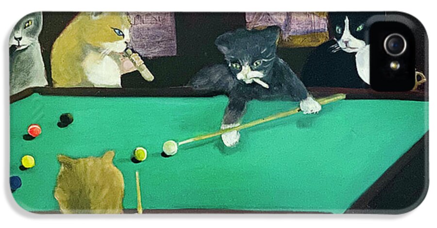 Cats iPhone 5 Case featuring the painting Cats Playing Pool by Gail Eisenfeld