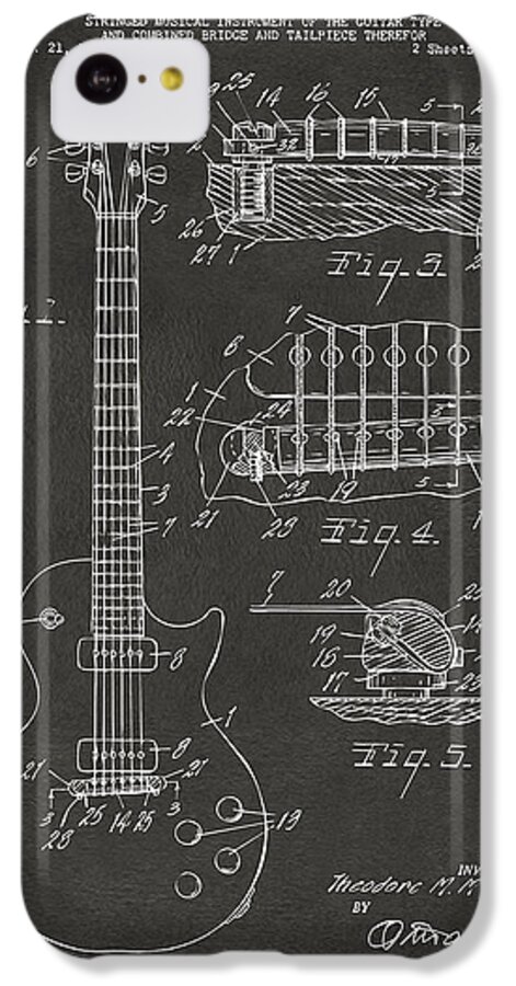 Guitar iPhone 5c Case featuring the digital art 1955 McCarty Gibson Les Paul Guitar Patent Artwork - Gray by Nikki Marie Smith