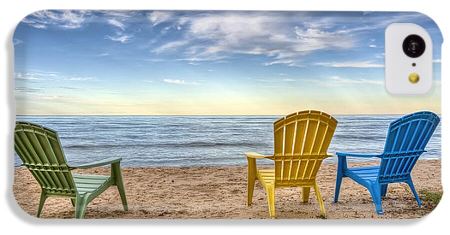 Chairs Beach Water Lake Sky Ocean Summer Relax Lake Michigan Wisconsin Door County Sand Chair Clouds Horizon Peace Calm Quiet Rest Vacation Waves Home Decor Fine Art Photography Fine Art For Sale Blue Yellow Green Landscape Photography Nautical Beach Scene Outdoors Shore Coast iPhone 5c Case featuring the photograph 3 Chairs by Scott Norris