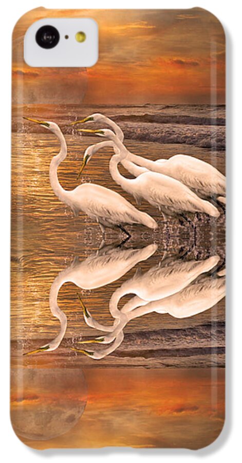 White iPhone 5c Case featuring the digital art Dreaming of Egrets by the Sea Reflection by Betsy Knapp