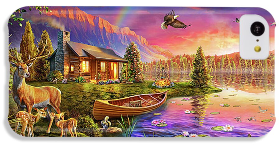 Cabin iPhone 5c Case featuring the drawing Lakeside Cabin by MGL Meiklejohn Graphics Licensing