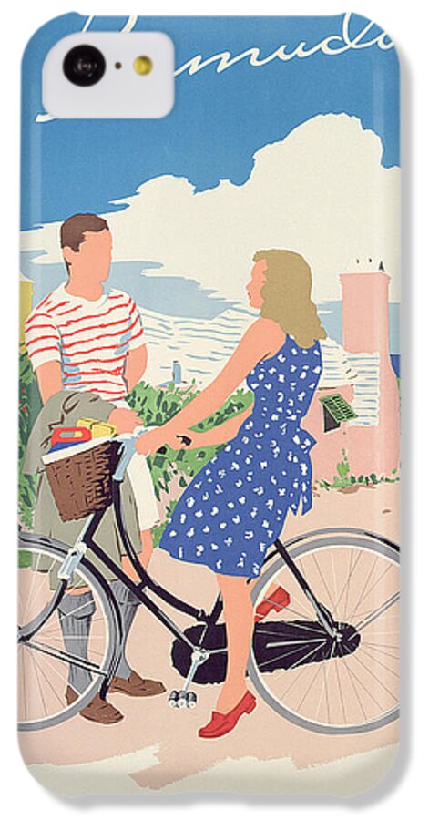 Advert; Advertisement; Tourism; Travel; Caribbean; Island; Male; Female; Bicycle; Bike; Basket; Summer; Holiday; Vacation; Blue Dress; 1950s; 50s; Fifties; Romantic; Romance; Flirting; Landscape; Seaside; Coast; Coastal; Sunny; Lovers; Couple; Exotic; Jet Set iPhone 5c Case featuring the drawing Poster advertising Bermuda by Adolph Treidler