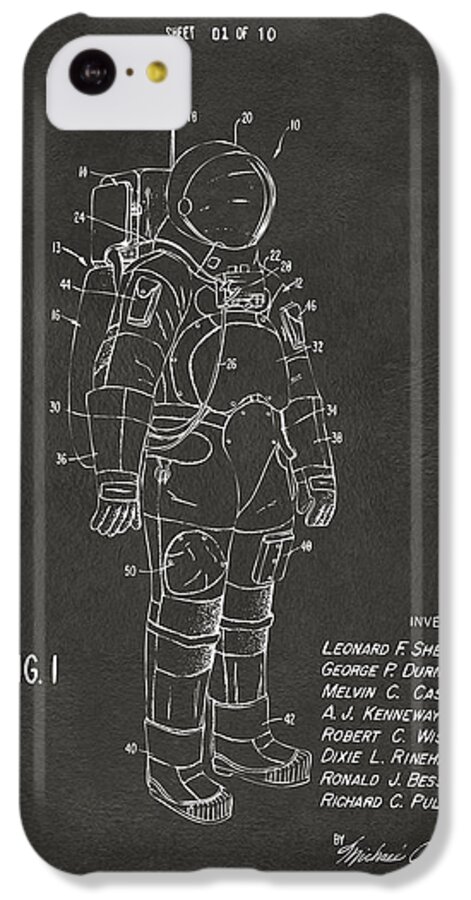 Space Suit iPhone 5c Case featuring the digital art 1973 Space Suit Patent Inventors Artwork - Gray by Nikki Marie Smith