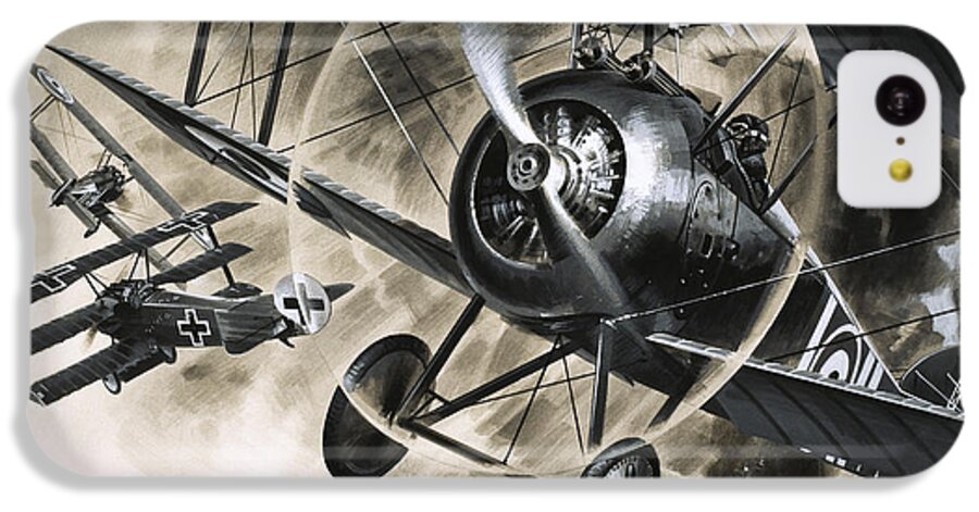 Biplane iPhone 5c Case featuring the painting Dog Fight between British biplanes and a German triplane by Wilf Hardy