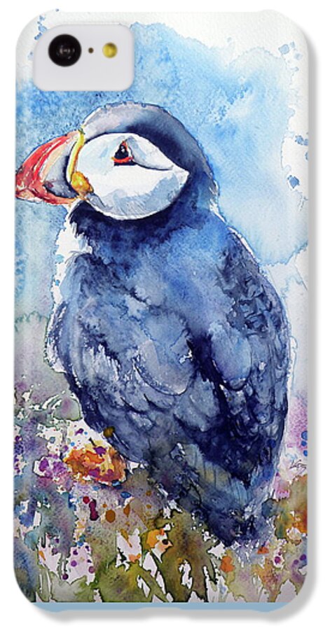 Puffin iPhone 5c Case featuring the painting Puffin with flowers by Kovacs Anna Brigitta