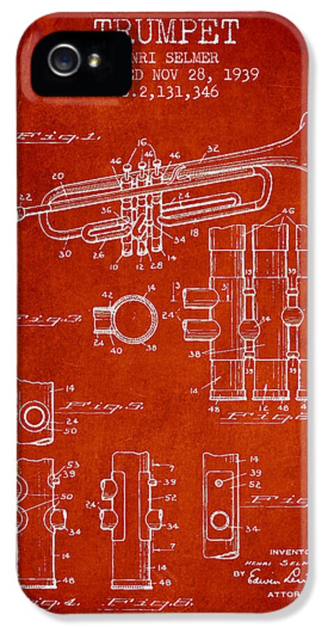 Trumpet iPhone 5s Case featuring the digital art Trumpet Patent from 1939 - Red by Aged Pixel