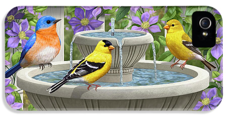 Eastern Bluebird iPhone 5s Case featuring the painting Fountain Festivities - Birds and Birdbath Painting by Crista Forest