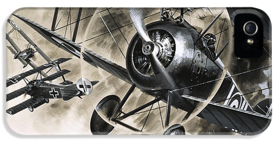 Biplane iPhone 5s Case featuring the painting Dog Fight between British biplanes and a German triplane by Wilf Hardy