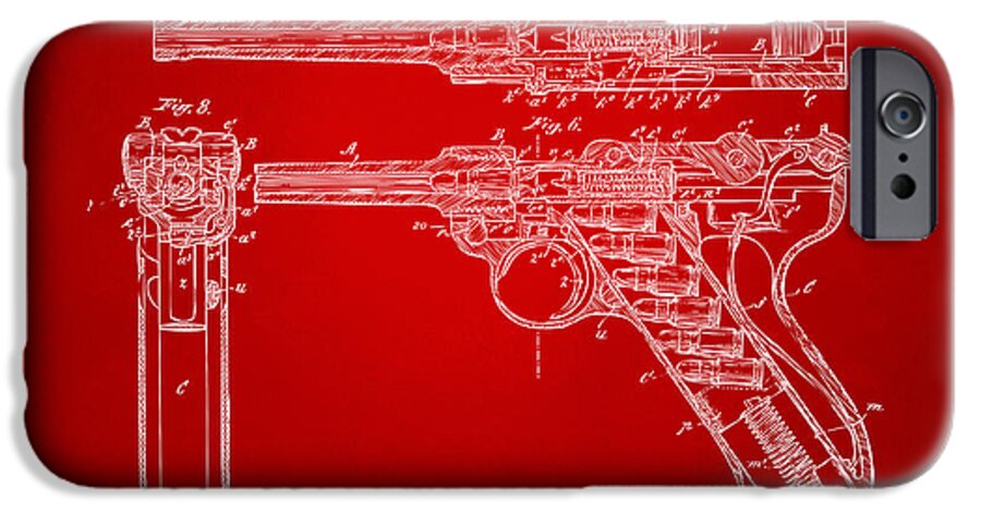 Luger iPhone 6 Case featuring the digital art 1904 Luger Recoil Loading Small Arms Patent - Red by Nikki Marie Smith