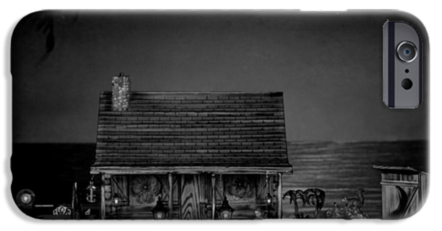 Log Cabin iPhone 6 Case featuring the photograph Miniature B/w Log Cabin Scene With The Classic 1936 Mercedes Benz Special Roadster #1 by Leslie Crotty