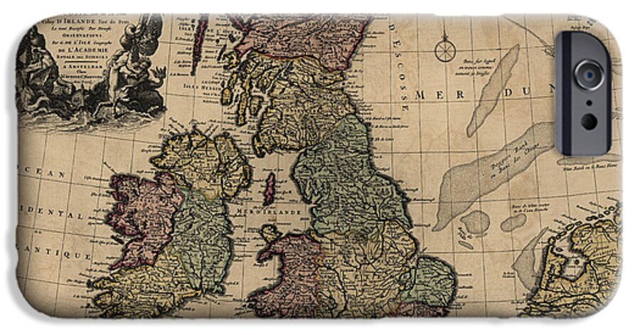 Great Britain iPhone 6 Case featuring the drawing Antique Map of Great Britain and Ireland by Guillaume Delisle - circa 1730 by Blue Monocle