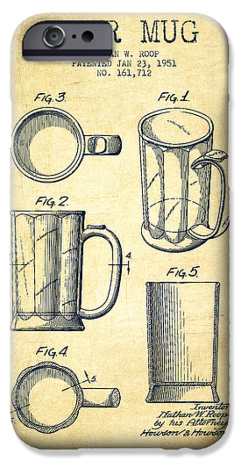 Beer Mug iPhone 6 Case featuring the digital art Beer Mug Patent Drawing from 1951 - Vintage by Aged Pixel