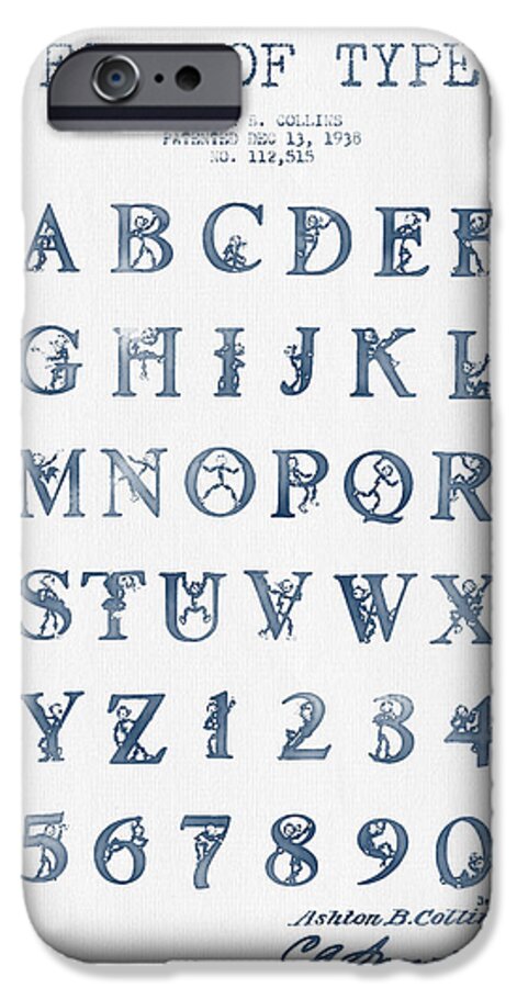 Alphabet iPhone 6 Case featuring the digital art Font Patent Drawing from 1938 - Blue Ink by Aged Pixel