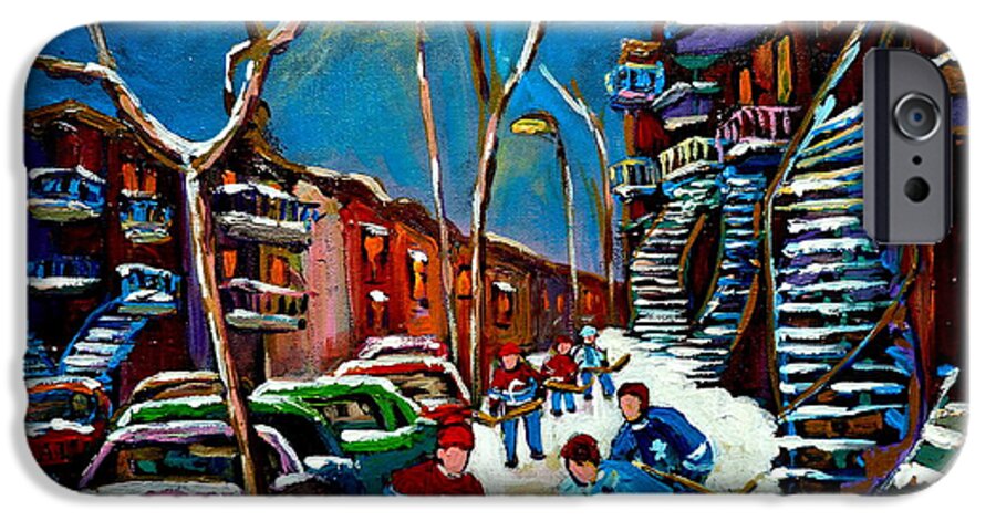 Winter iPhone 6 Case featuring the painting Hockey Game On De Bullion Montreal City Scene by Carole Spandau