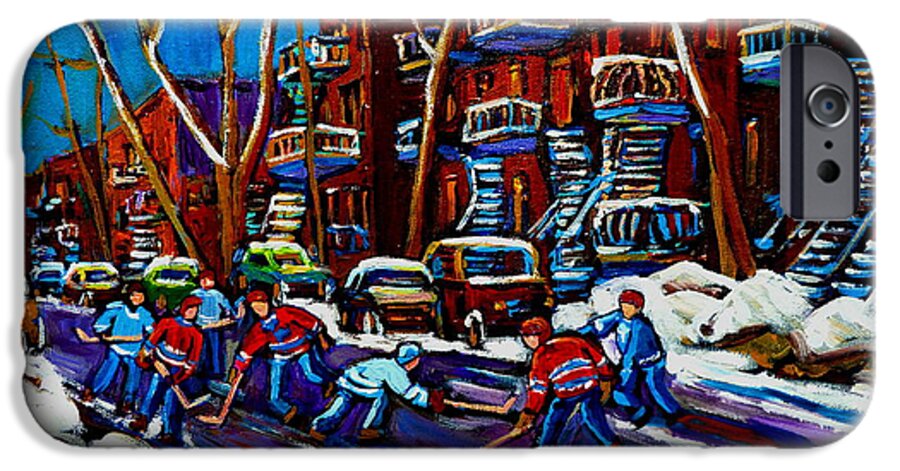 Hockey On De Bullion iPhone 6 Case featuring the painting Hockey On De Bullion Montreal by Carole Spandau