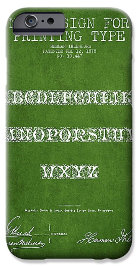 Font iPhone 6 Case featuring the drawing Printing Type Patent Drawing from 1878 - Green by Aged Pixel