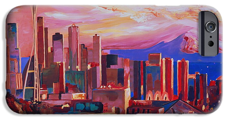 Seattle iPhone 6 Case featuring the painting Seattle Skyline with Space Needle and Mt Rainier by M Bleichner