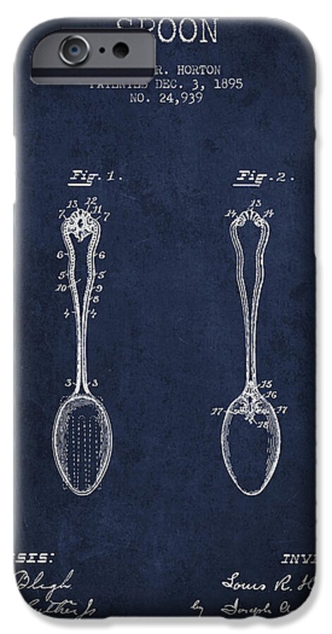 Spoon iPhone 6 Case featuring the digital art Spoon patent from 1895 - Navy Blue by Aged Pixel