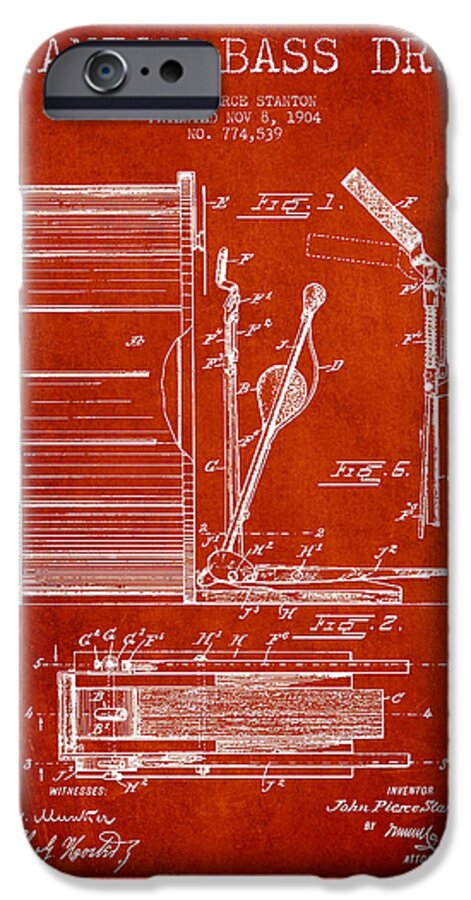 Drum iPhone 6 Case featuring the digital art Stanton Bass Drum Patent Drawing from 1904 - Red by Aged Pixel