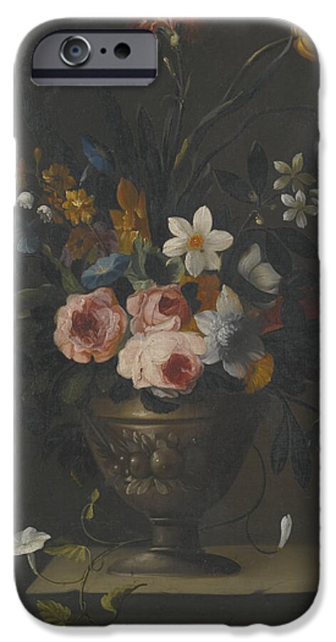 Follower Of Simon Hardime - Still Lifes Of Flowers In Sculpted Urns Upon Stone Ledges iPhone 6 Case featuring the painting Still Lifes Of Flowers by Celestial Images
