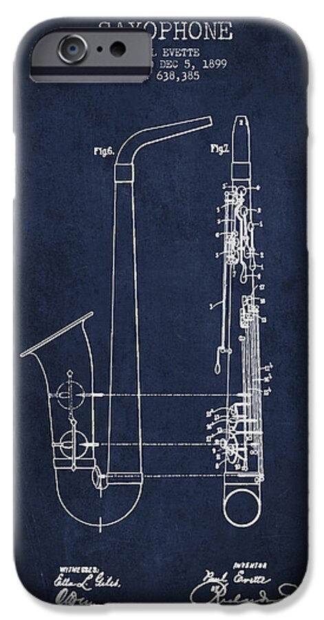 Saxophone iPhone 6 Case featuring the digital art Saxophone Patent Drawing From 1899 - Blue by Aged Pixel