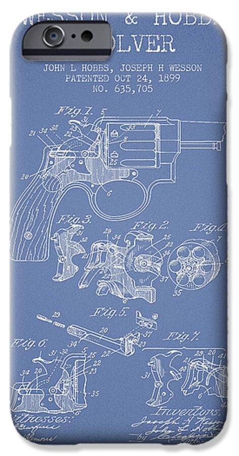 Revolver iPhone 6 Case featuring the digital art Wesson Hobbs Revolver Patent Drawing from 1899 - Light Blue by Aged Pixel