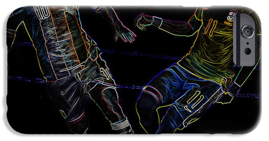 Action iPhone 6 Case featuring the photograph Neymar and Lionel Messi Clash of the Titans Neon by Lee Dos Santos