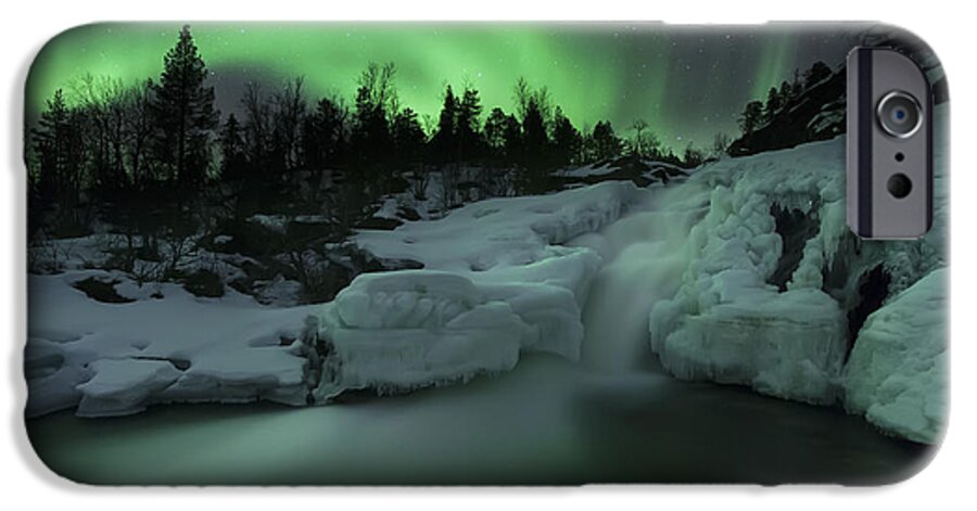 Green iPhone 6 Case featuring the photograph A Wintery Waterfall And Aurora Borealis by Arild Heitmann