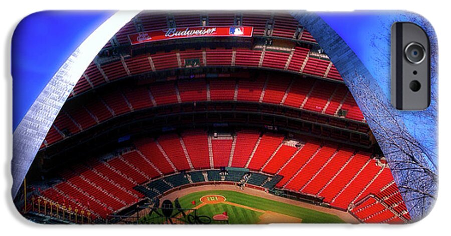 Busch iPhone 6 Case featuring the photograph Busch Stadium A Zoomed View From The Arch Merged Image by Thomas Woolworth