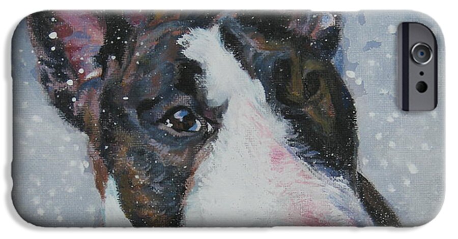 Miniature Bull Terrier iPhone 6 Case featuring the painting Miniature Bull Terrier in snow by Lee Ann Shepard