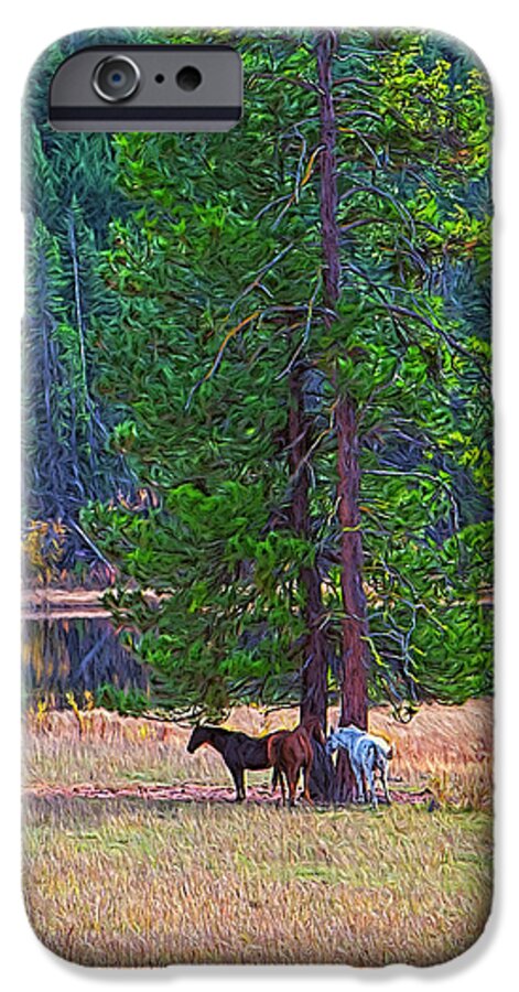 Horses iPhone 6 Case featuring the photograph Three Horses Under a Pine Tree digital oil painting by Sharon Talson