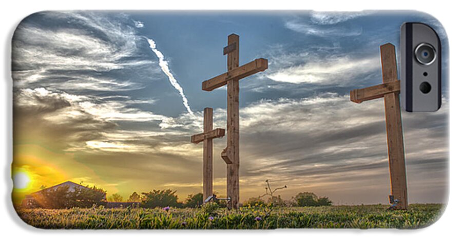Cross Crosses Easter Christian Christianity Religion Religious Sky Cloud Clouds Sun Sunset Spring Promise Texas flower Mound Flomo iPhone 6 Case featuring the photograph Three by Meredith Butterfield