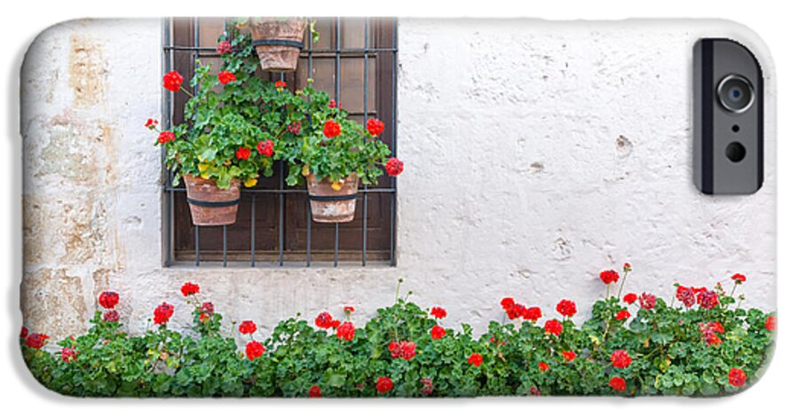 Arequipa iPhone 6 Case featuring the photograph White Wall and Red Flowers by Jess Kraft