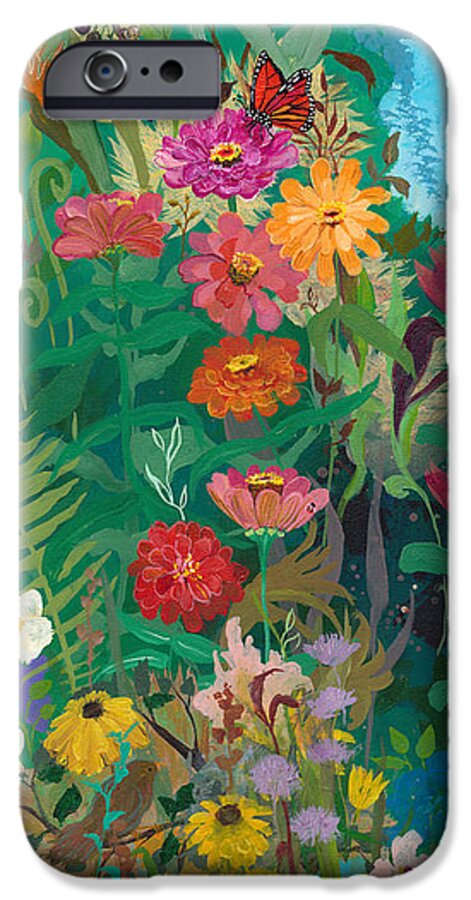 Zinnias Garden Monarch Butterfly Orchid Berries Nature Robin Mar iPhone 6 Case featuring the painting Zinnias Garden by Robin Pedrero