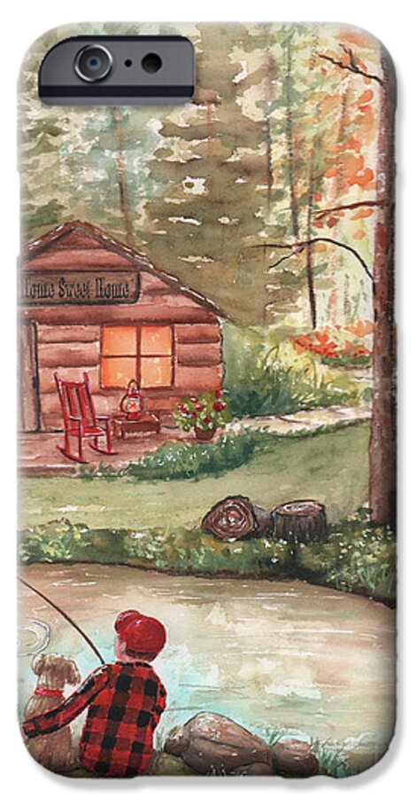 Boy Fishing With Dog iPhone 6 Case featuring the painting Boy Fishing With Dog - Home Sweet Home by Debbie Cerone