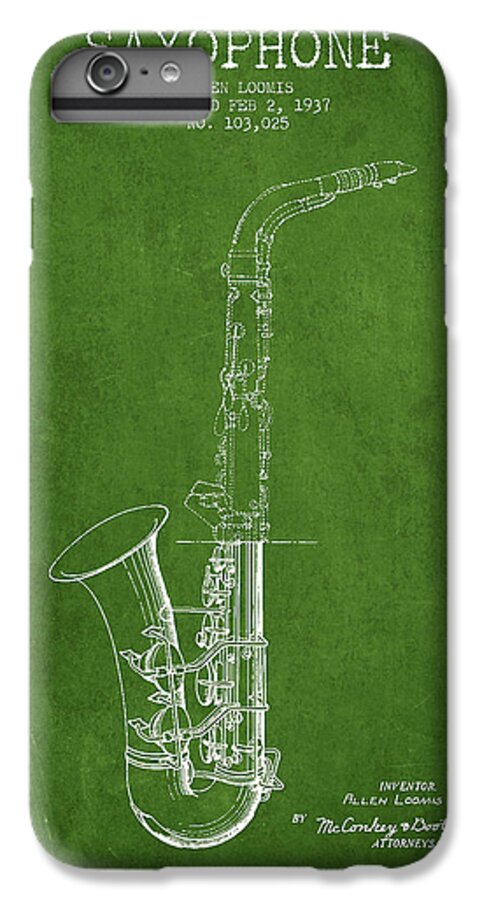 Saxophone iPhone 6 Plus Case featuring the digital art Saxophone Patent Drawing From 1937 - Green by Aged Pixel