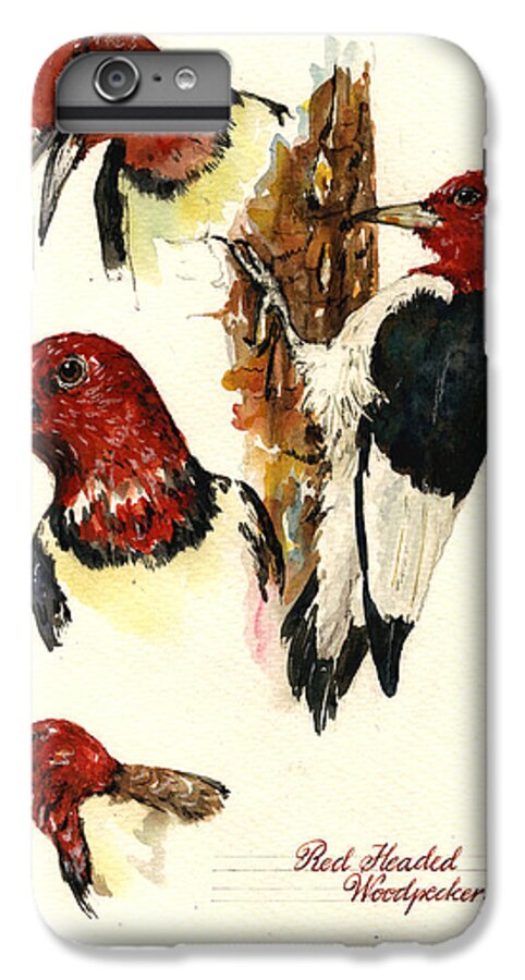Red Headed Woodpecker iPhone 6 Plus Case featuring the painting Red headed woodpecker bird by Juan Bosco