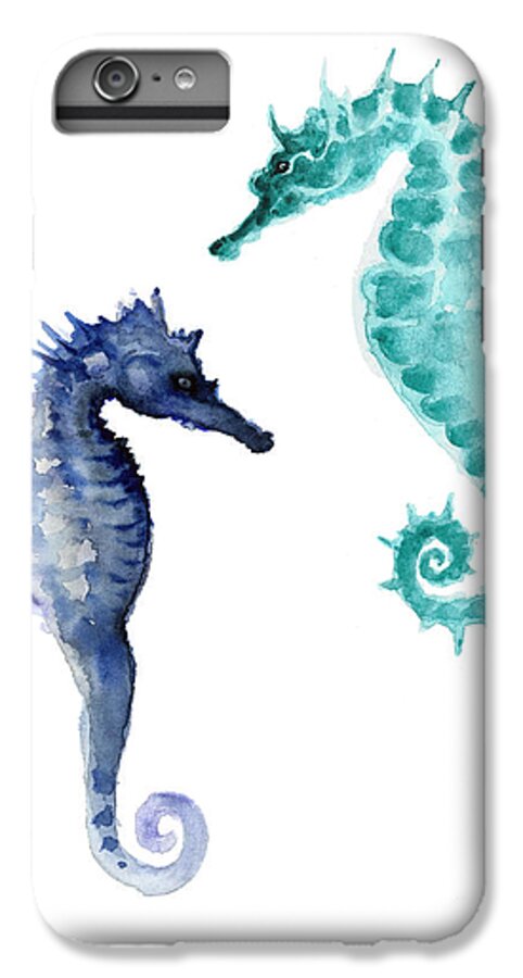 Seahorses iPhone 6 Plus Case featuring the painting Blue seahorses watercolor painting by Joanna Szmerdt