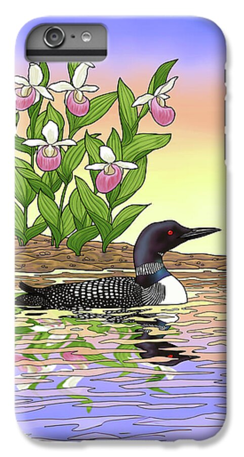 Bird iPhone 6 Plus Case featuring the painting Minnesota State Bird Loon and Flower Ladyslipper by Crista Forest